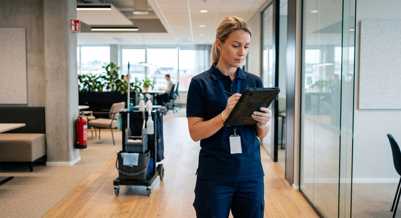 Lokalvårdare kontrollerar en digital städchecklista i en verksamhetslokal