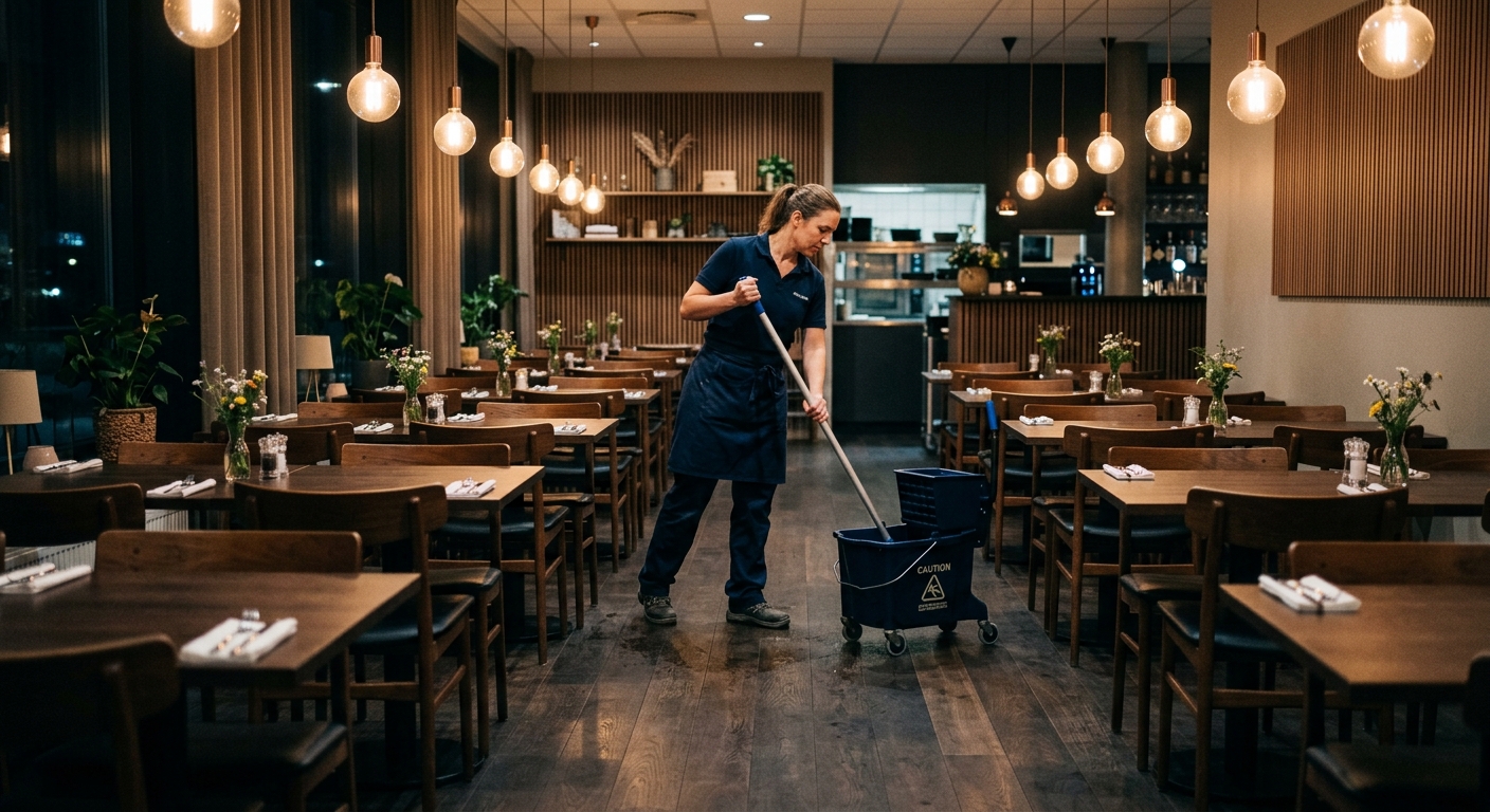 Städare rengör golvet i en tom restaurangmatsal efter stängning