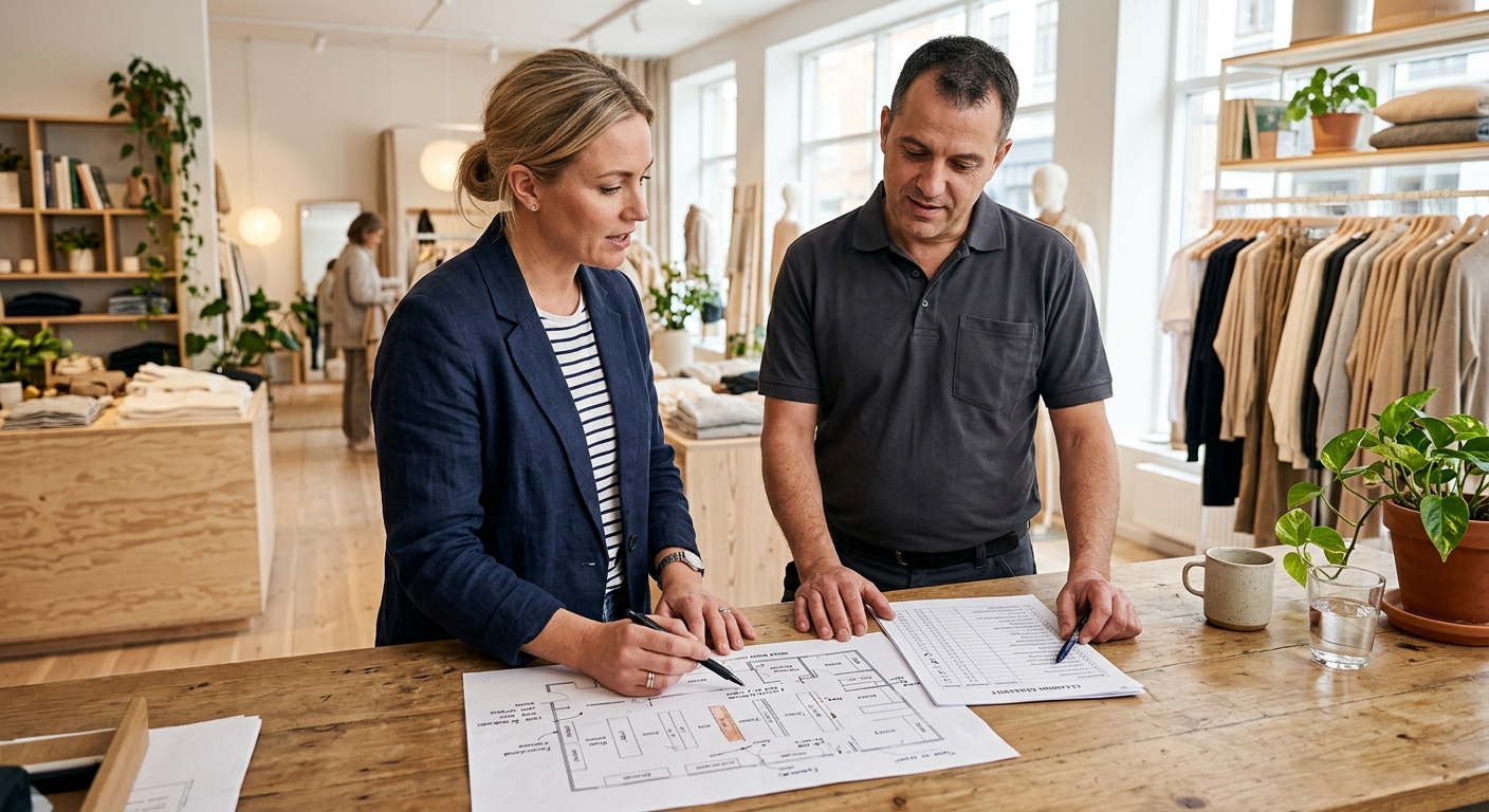 Butikschef går igenom städschema och planritning med lokalvårdare