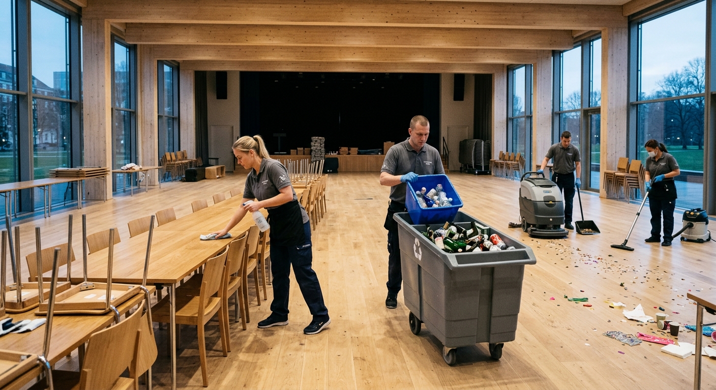 Städteam återställer en festlokal efter ett kvällsevenemang