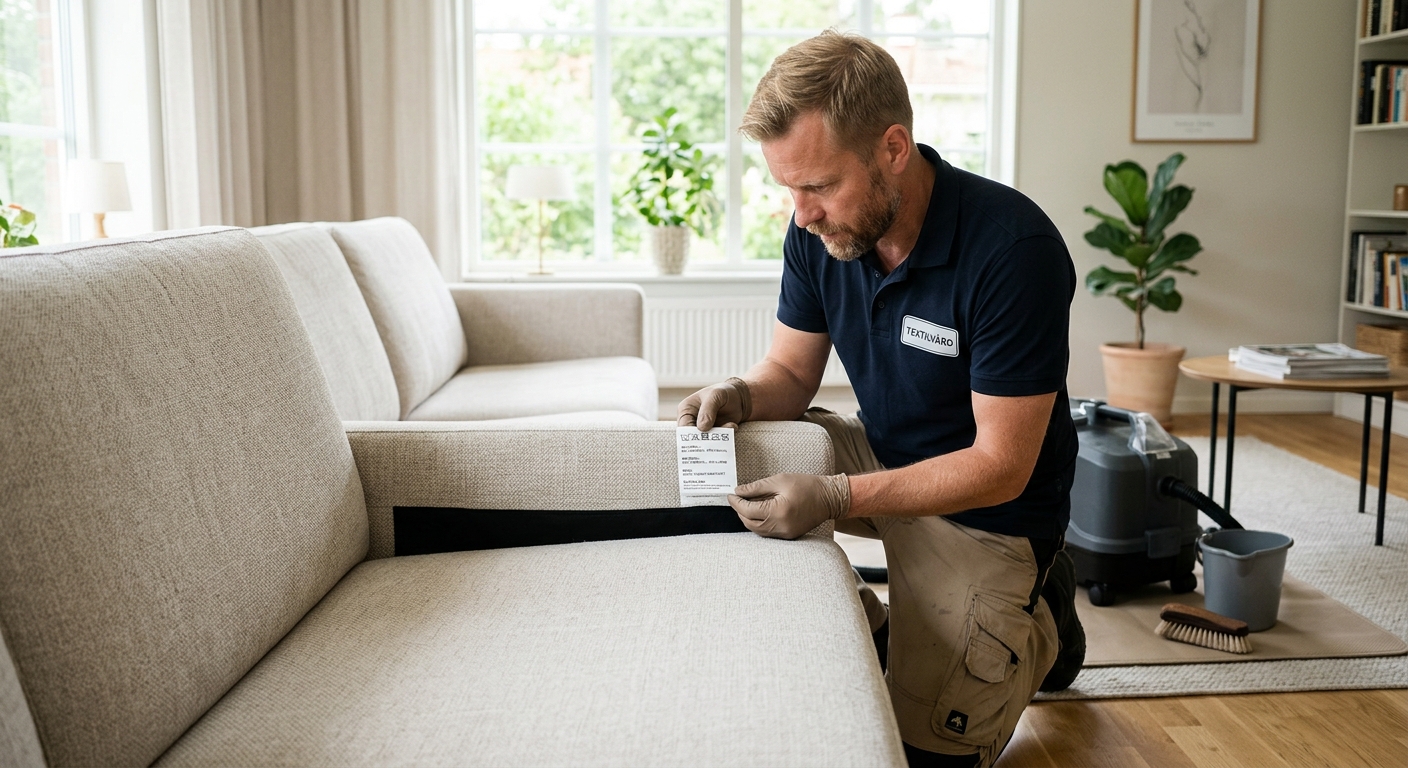 Städare granskar textiletikett på en ljus tygsoffa före professionell möbeltvätt