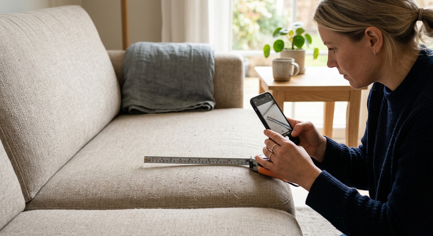 Närbild på neutral tygsoffa med måttband och mobilkamera för offertunderlag till möbeltvätt