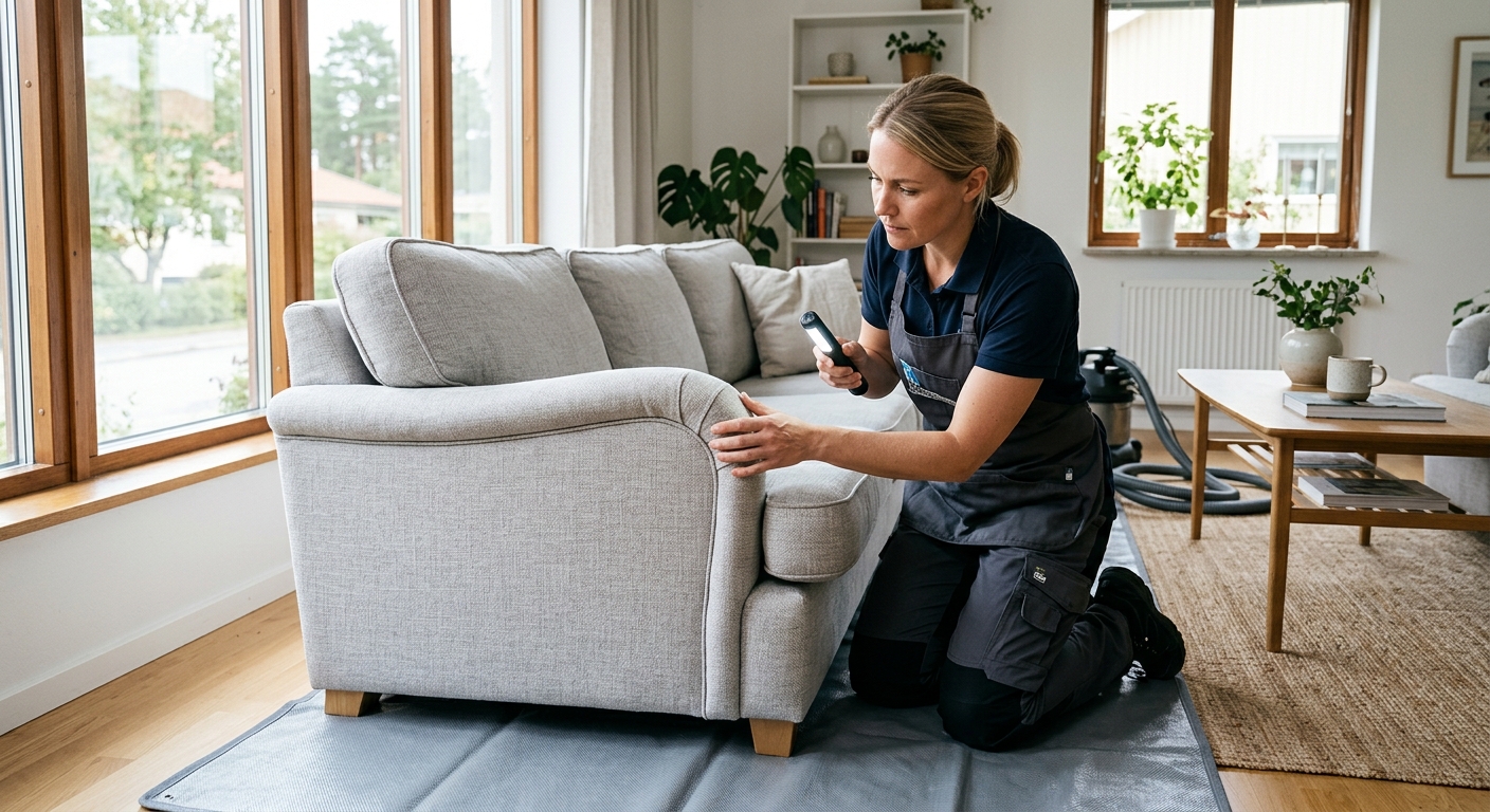 Städare undersöker tyget på en ljus tygsoffa före professionell sofftvätt