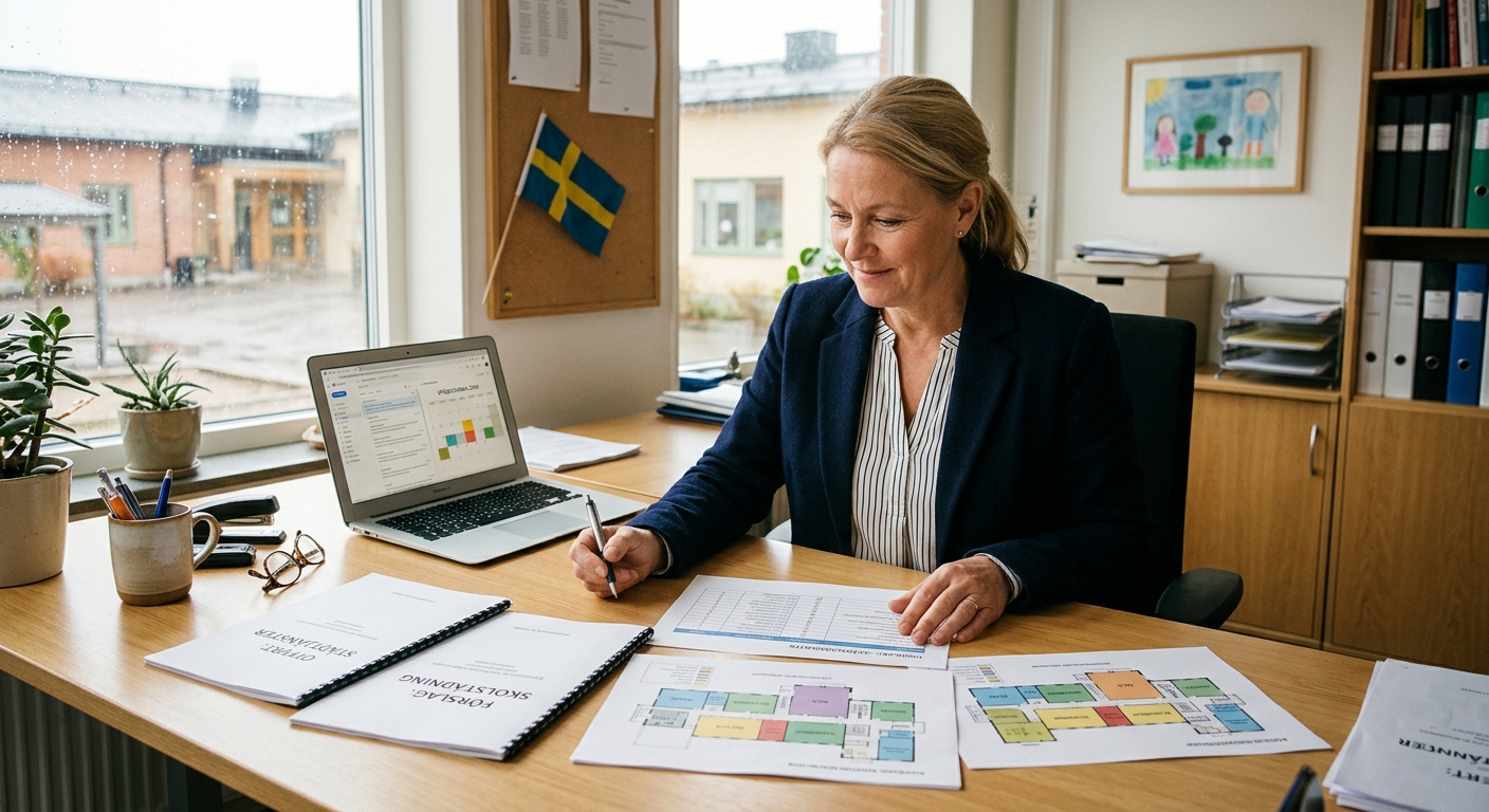 Skoladministratör jämför offerter och städscheman vid skrivbord
