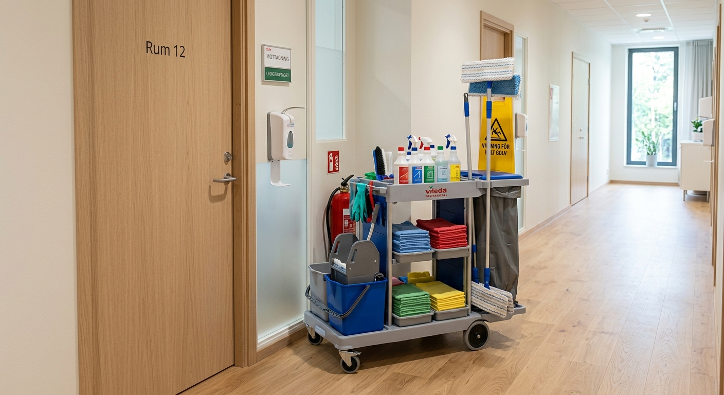 Städvagn och rengöringsutrustning utanför ett behandlingsrum på klinik