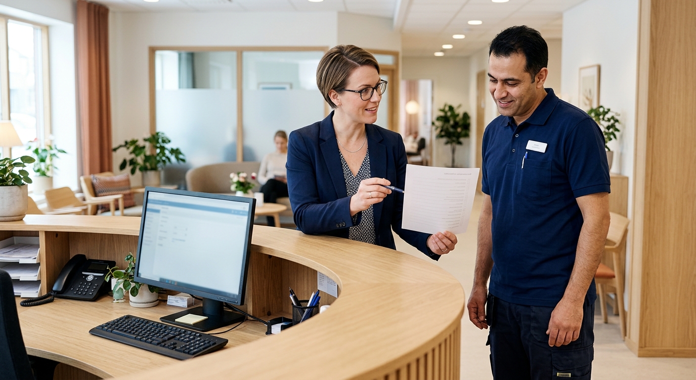 Verksamhetsansvarig och lokalvårdare går igenom en städchecklista i reception