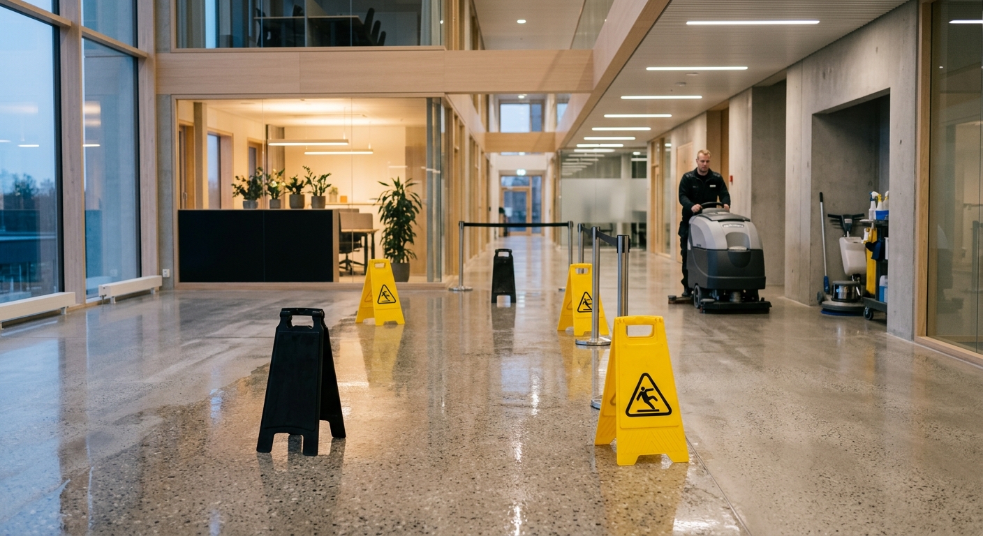 Avspärrad korridor i lokal efter professionell golvvård