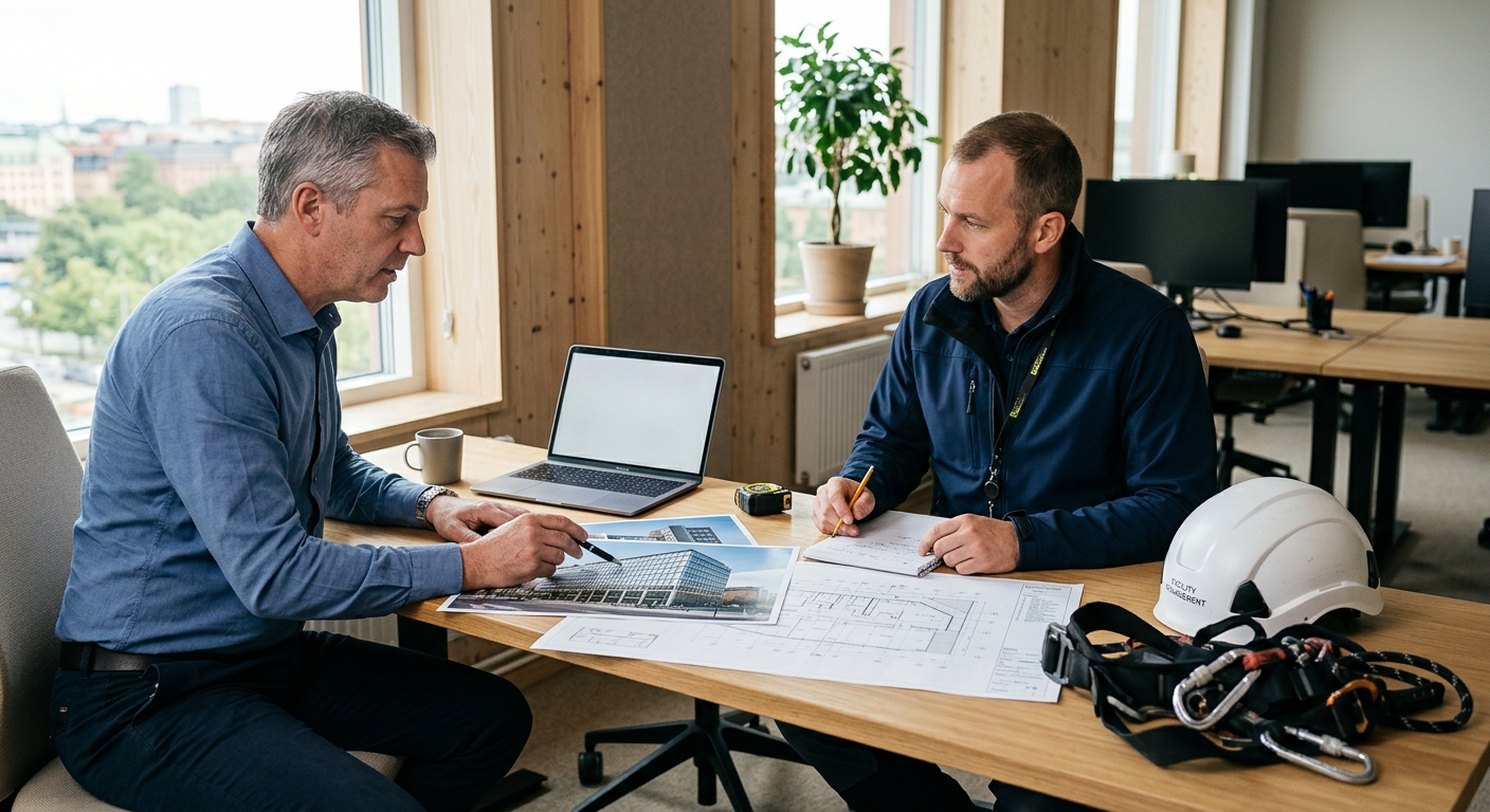 Planering av fasadtvätt med ritning, fasadbilder och säkerhetsutrustning