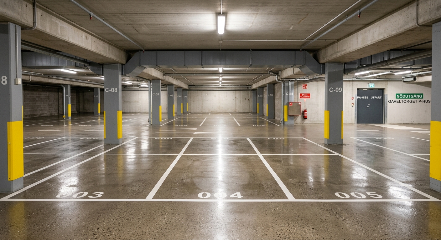 Rent parkeringsgarage efter maskinskurning med tydliga parkeringsrutor