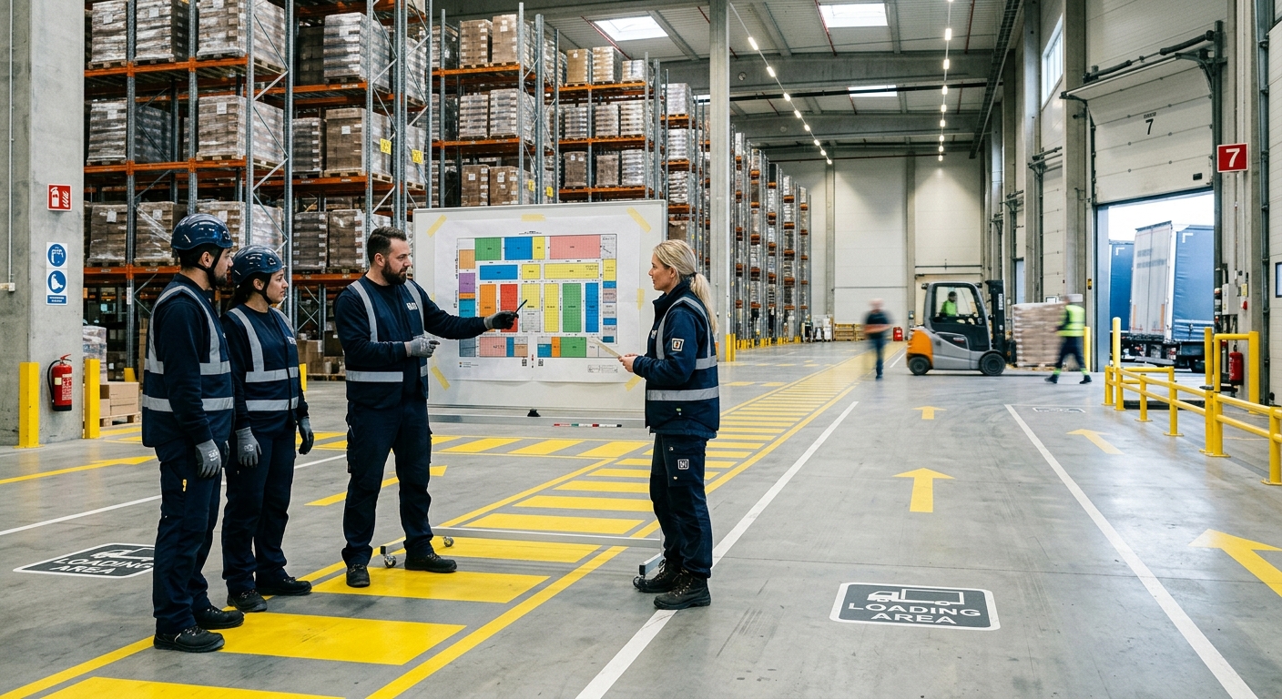 Städpersonal planerar säker rengöring i lager nära truckgångar