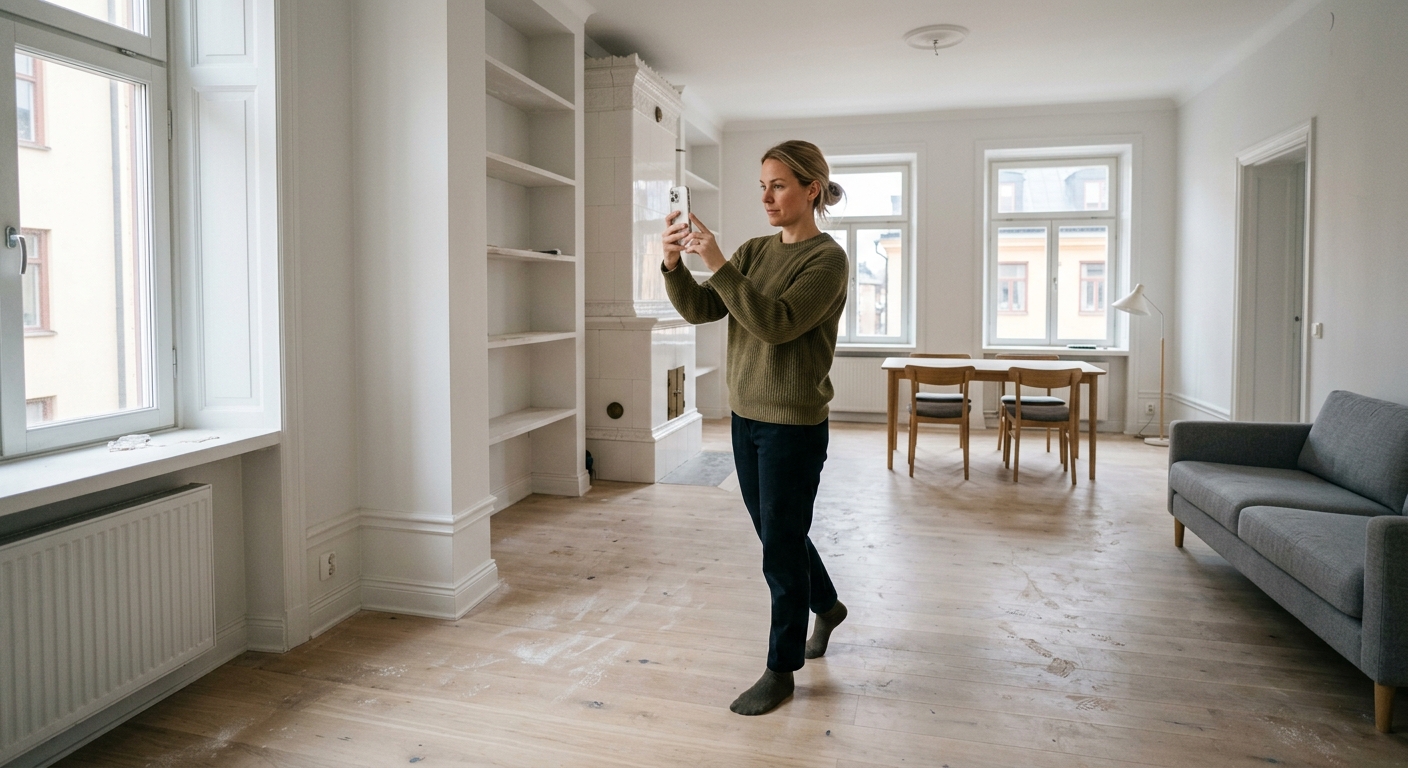 Person fotograferar ett dammigt rum efter renovering för att begära offert