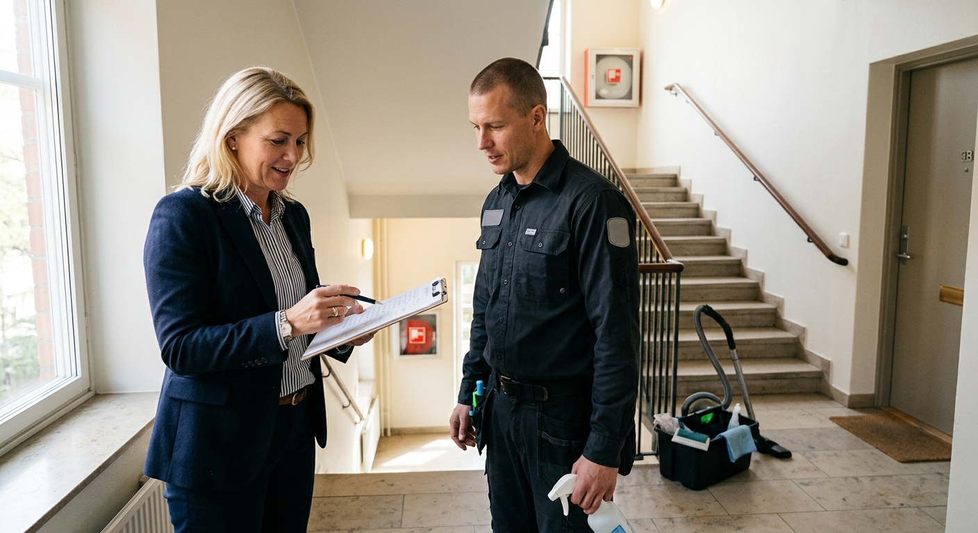 Fastighetsförvaltare och lokalvårdare som går igenom en checklista i ett trapphus