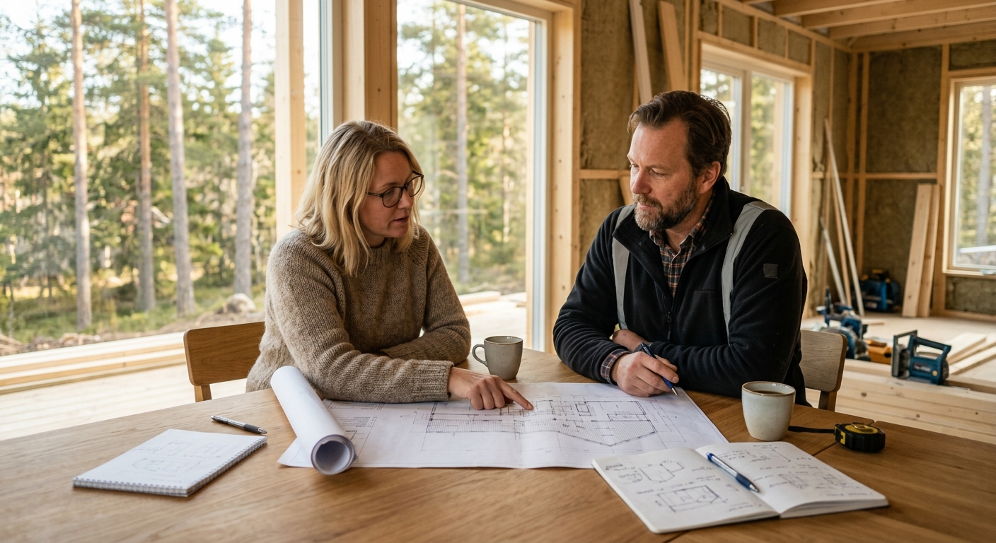 Byggledare och husägare granskar ritningar vid ett bord