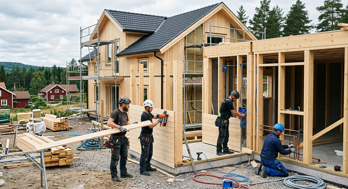 Flera hantverkare arbetar samordnat på ett husbygge