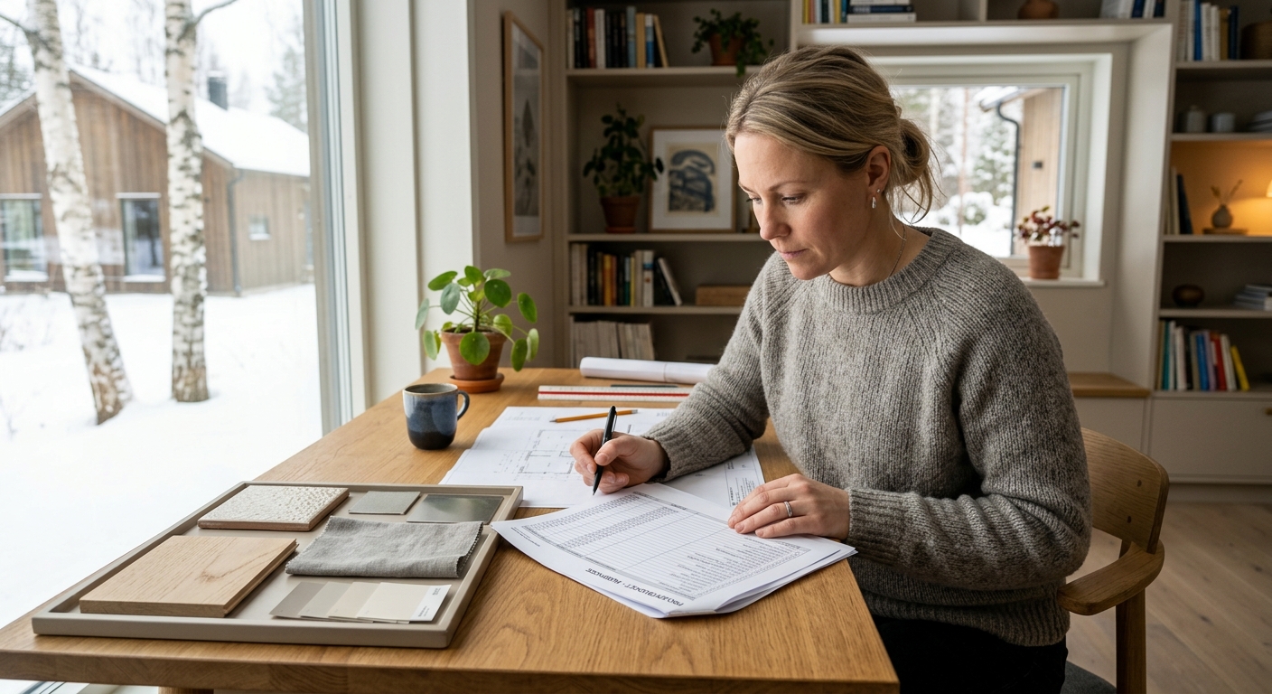 Husägare granskar en detaljerad byggbudget