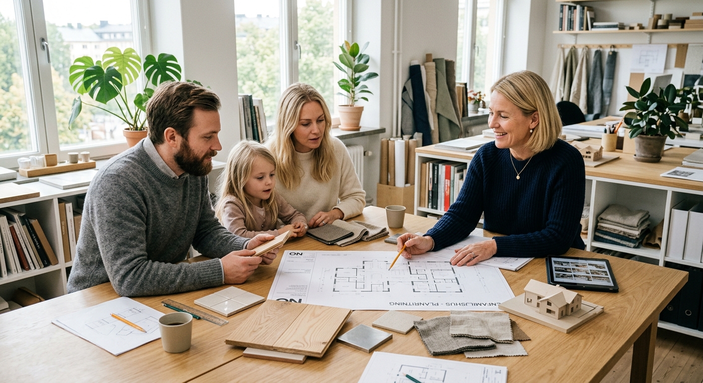 Familj och arkitekt planerar planlösning för nybyggt hus