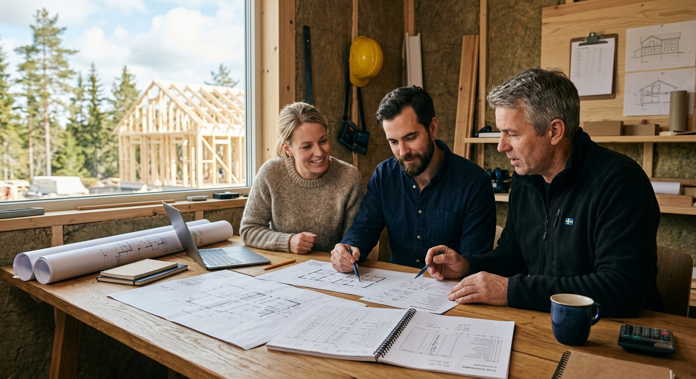 Villaägare och byggentreprenör jämför ritningar, kostnadskalkyl och offert vid ett bord