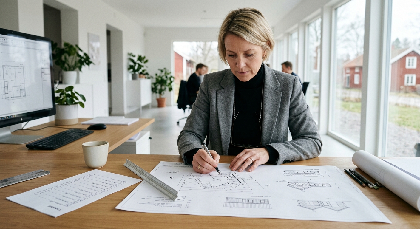 Ritningar och kontrollplan för attefallshus granskas vid ett skrivbord