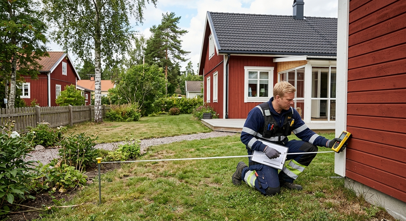 Byggkonsult som mäter avstånd mellan en villa och tomtgräns med mätband