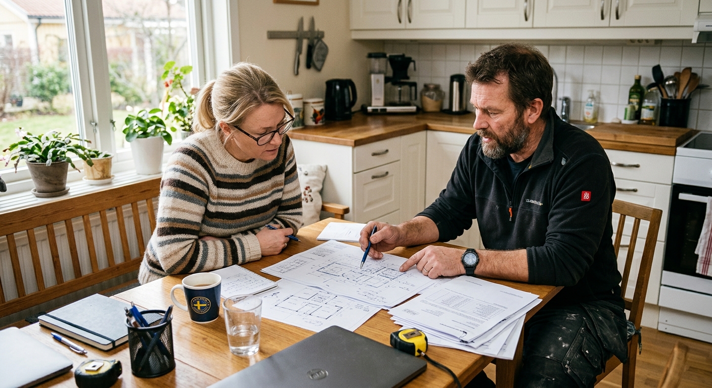 Byggherre och byggentreprenör går igenom ritningar och en detaljerad offert vid ett köksbord
