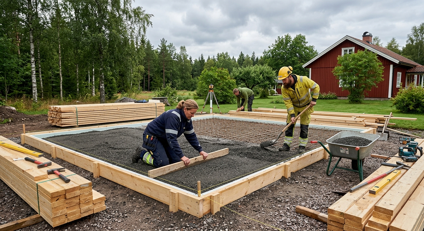 Arbete med grund till en mindre träbyggnad på plan tomt