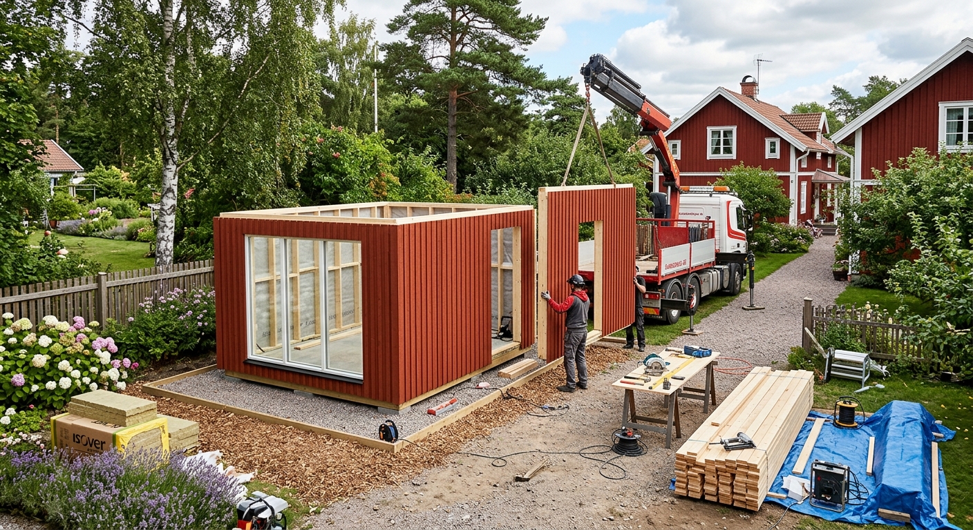 Prefabricerade väggsektioner till byggsats för friggebod