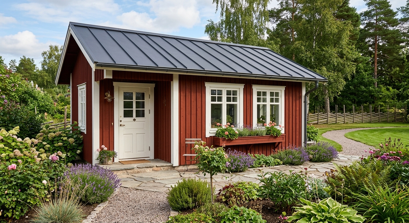 Färdigmålad nyckelfärdig friggebod i trädgård