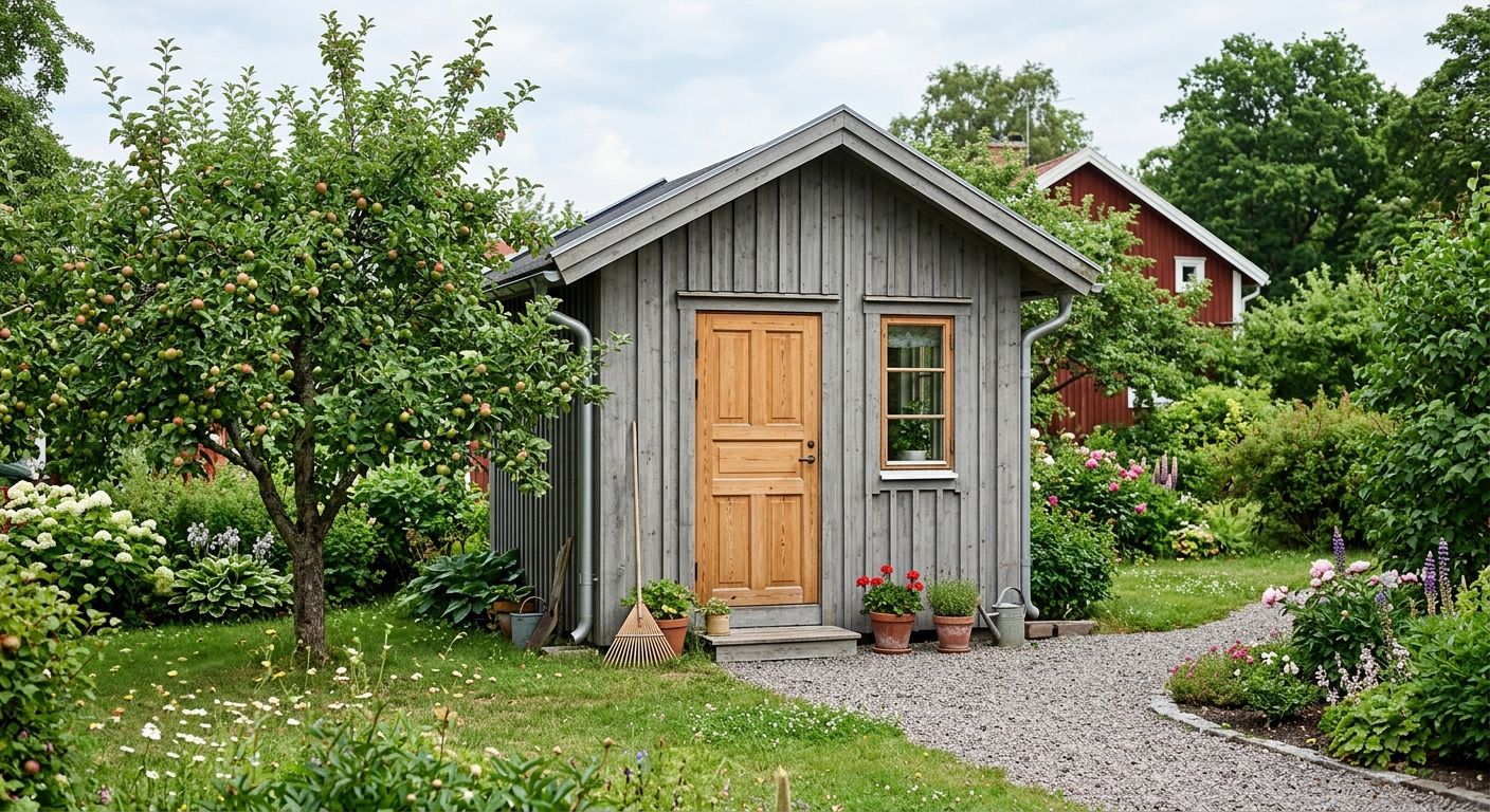 Liten träbod med grå panel, fönster och trädörr i en villaträdgård.