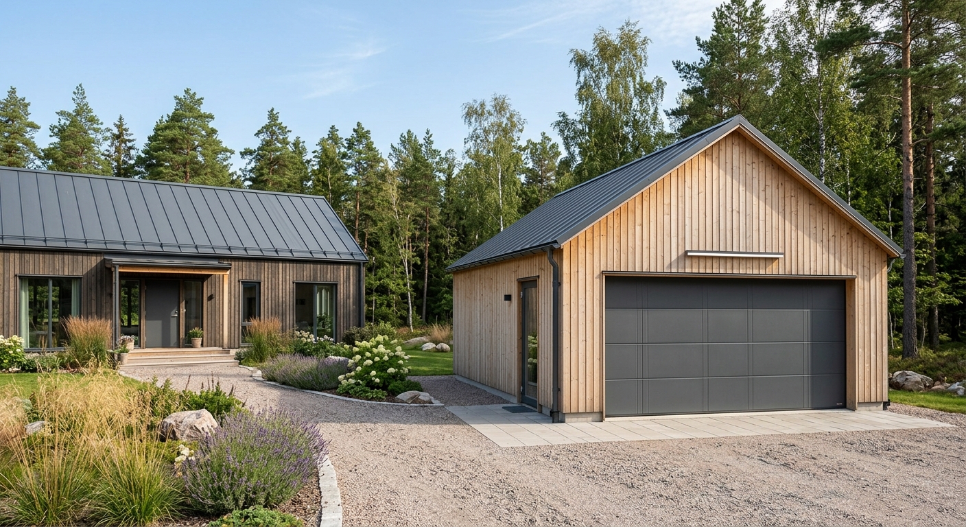 Modernt enkelgarage med en bred garageport
