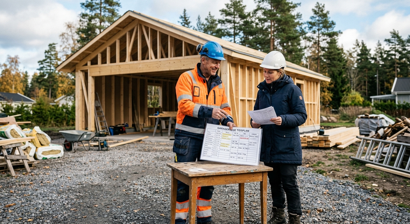 Byggentreprenör och beställare går igenom garagebyggets omfattning
