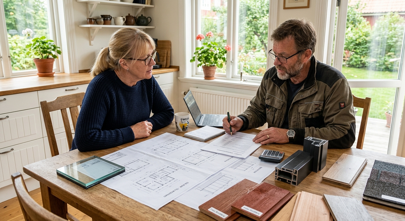 Villaägare och byggentreprenör går igenom ritning och offert för inglasat uterum