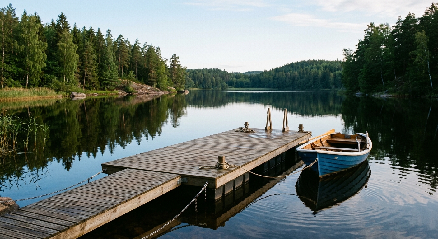 Flytbrygga vid lugn insjöstrand