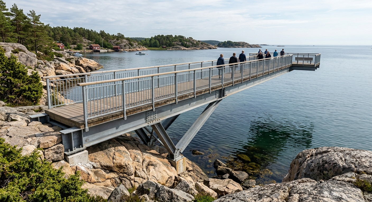 Bergfast konsolbrygga vid klippstrand