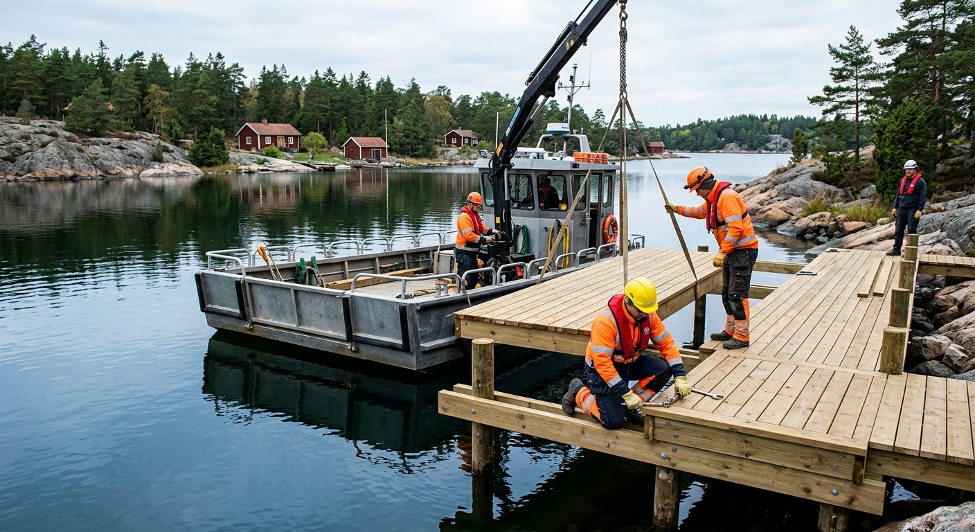 Arbetsbåt som monterar bryggsektioner vid en svensk strand
