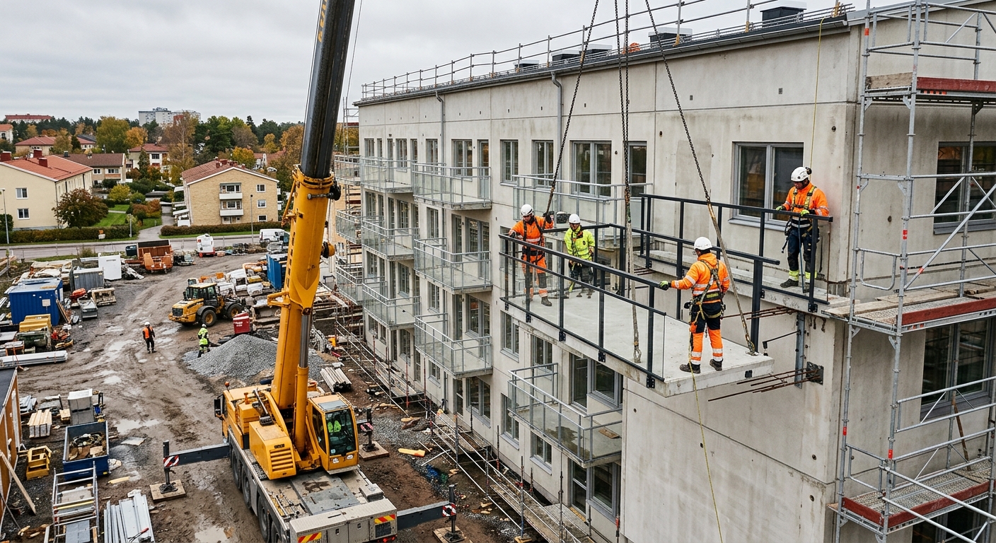 Prefabricerad balkong under montage