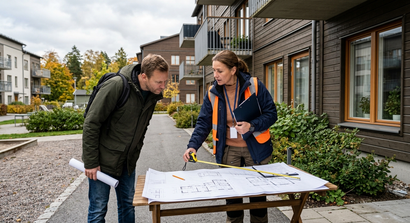 Arkitekt och fastighetsägare granskar balkongritningar vid en fasad