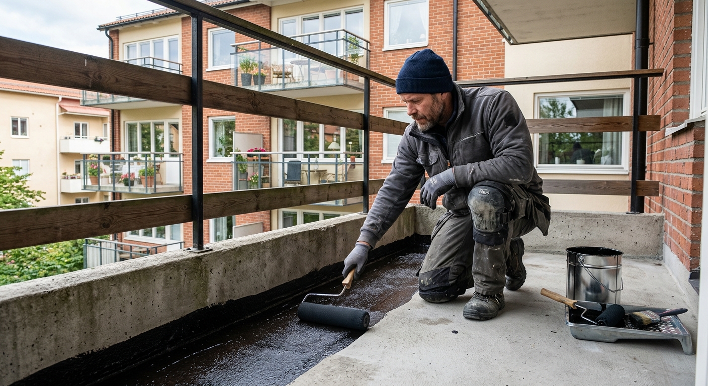 Hantverkare applicerar tätskikt på ett rengjort balkonggolv