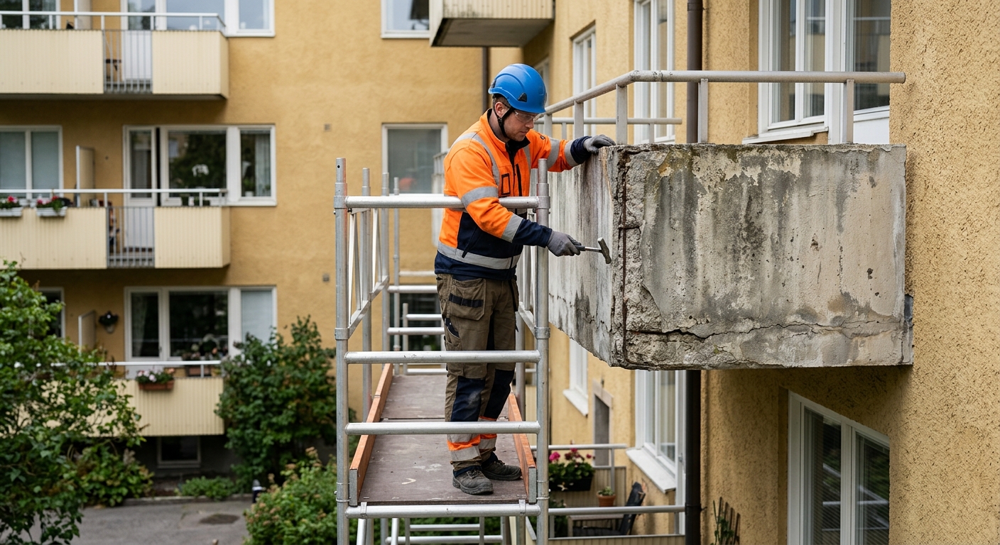 Fackperson undersöker betongplattan på en balkong vid ett svenskt bostadshus