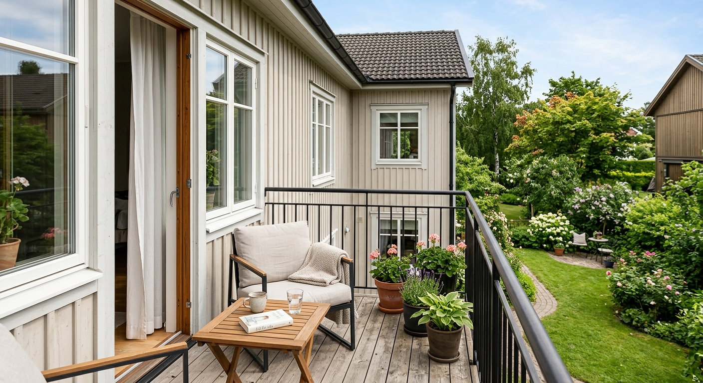 Renoverad balkong med trägolv och metallräcke på en svensk villa