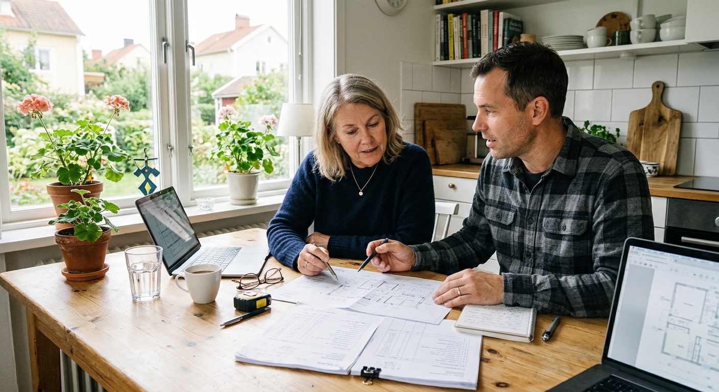 Byggledare och bostadsägare jämför en detaljerad renoveringsoffert