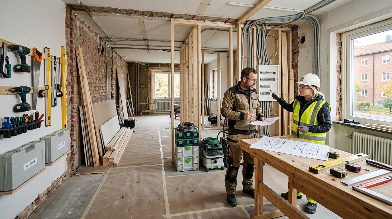 Hantverkare samordnar arbete i en pågående helrenovering