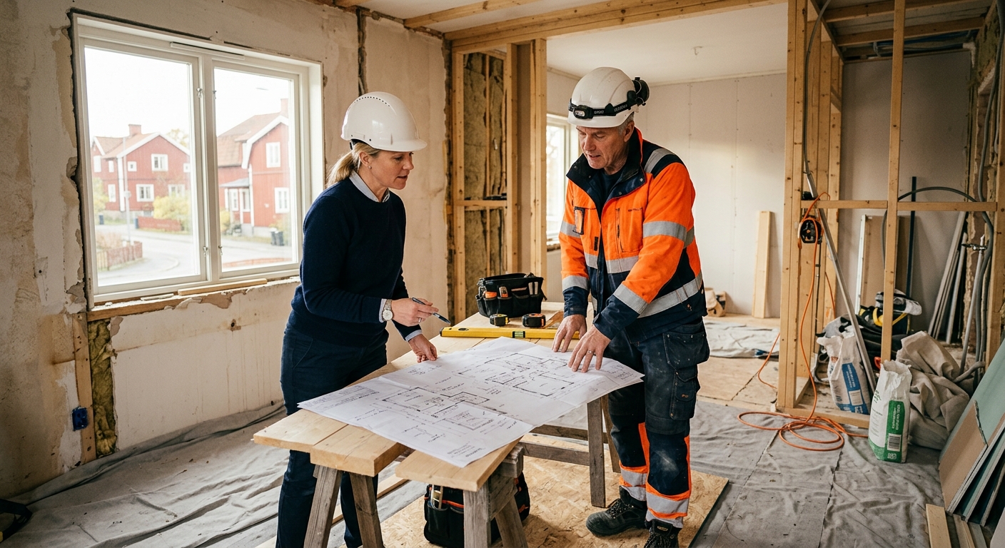 Byggledare och husägare går igenom renoveringsplan i ett rum under renovering