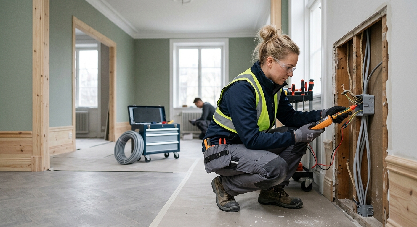 Hantverkare kontrollerar eldragning i vägg under renovering av lägenhet