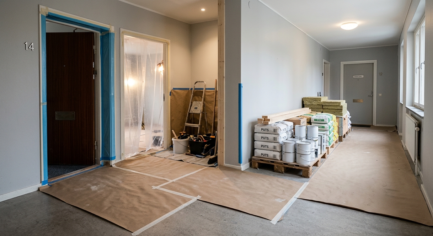 Skyddad hall i lägenhet under pågående renoveringsarbete