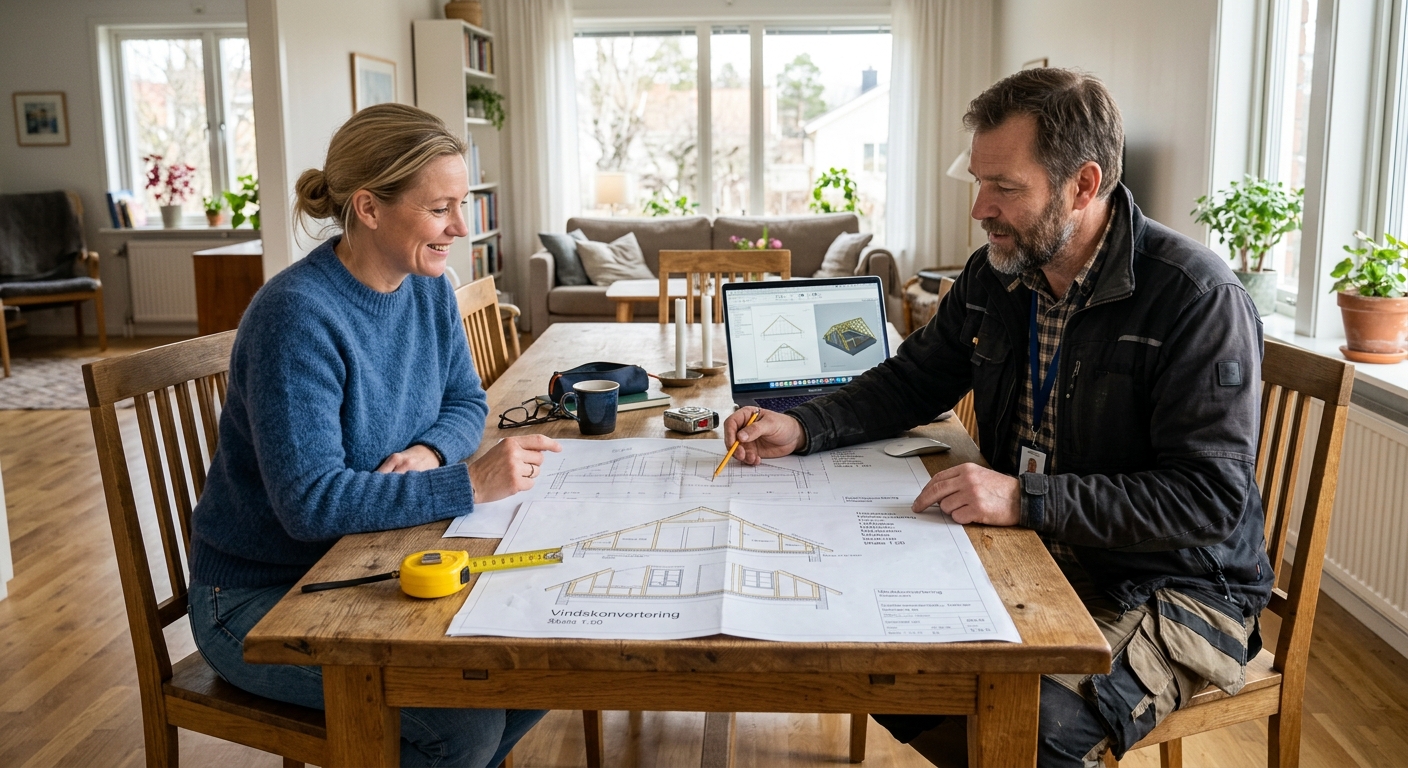 Husägare och byggentreprenör går igenom ritningar för en vindsinredning