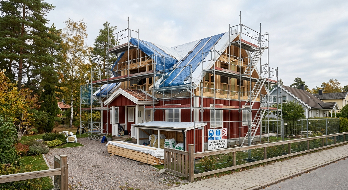 Villa under påbyggnad med ställning och väderskydd