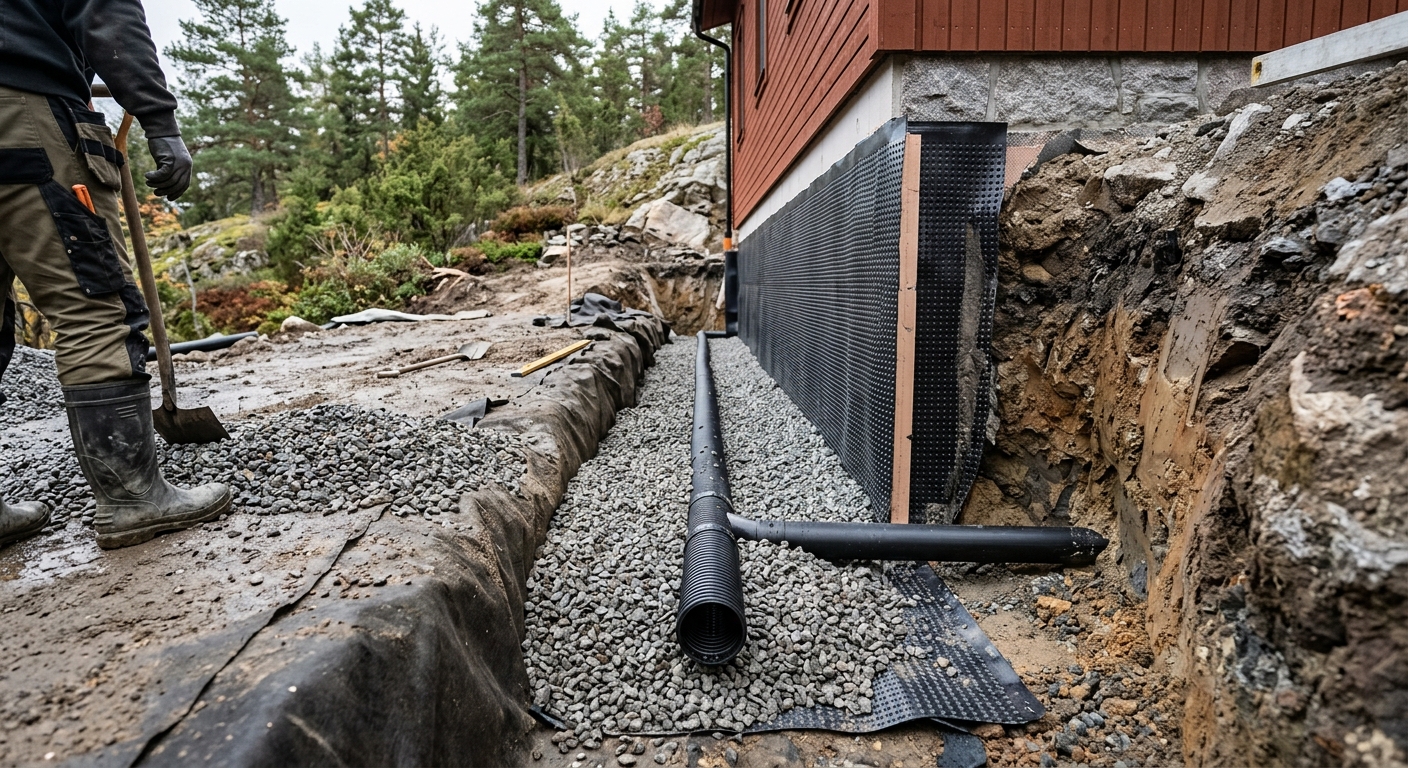 Dräneringsarbete vid grund till suterränghus i sluttning