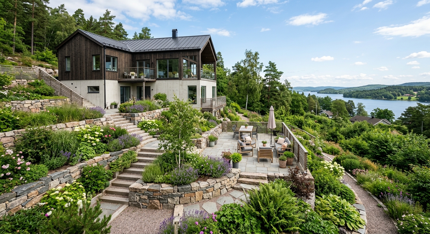 Suterränghus med terrasserad uteplats och tydliga stödmurar