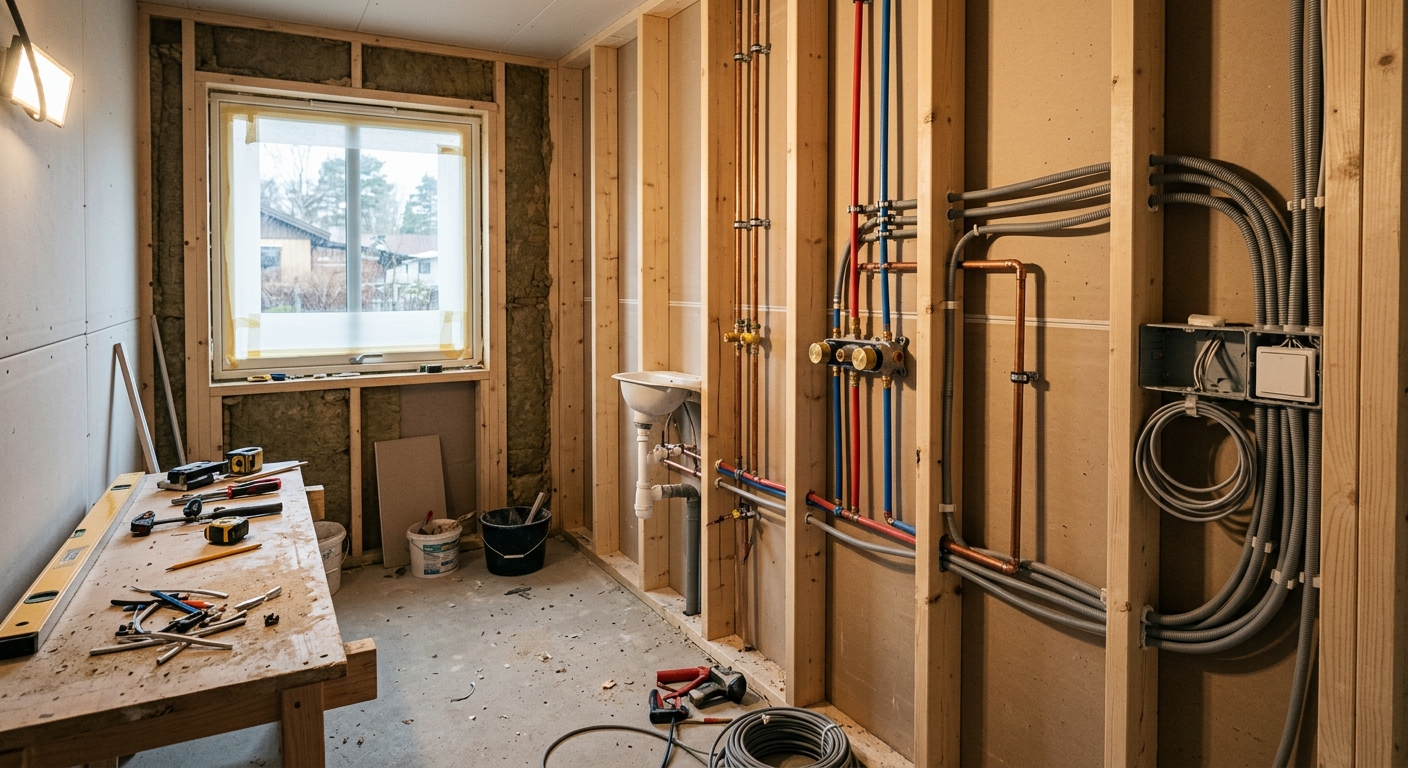 Installation av rör och el i ett badrum under renovering