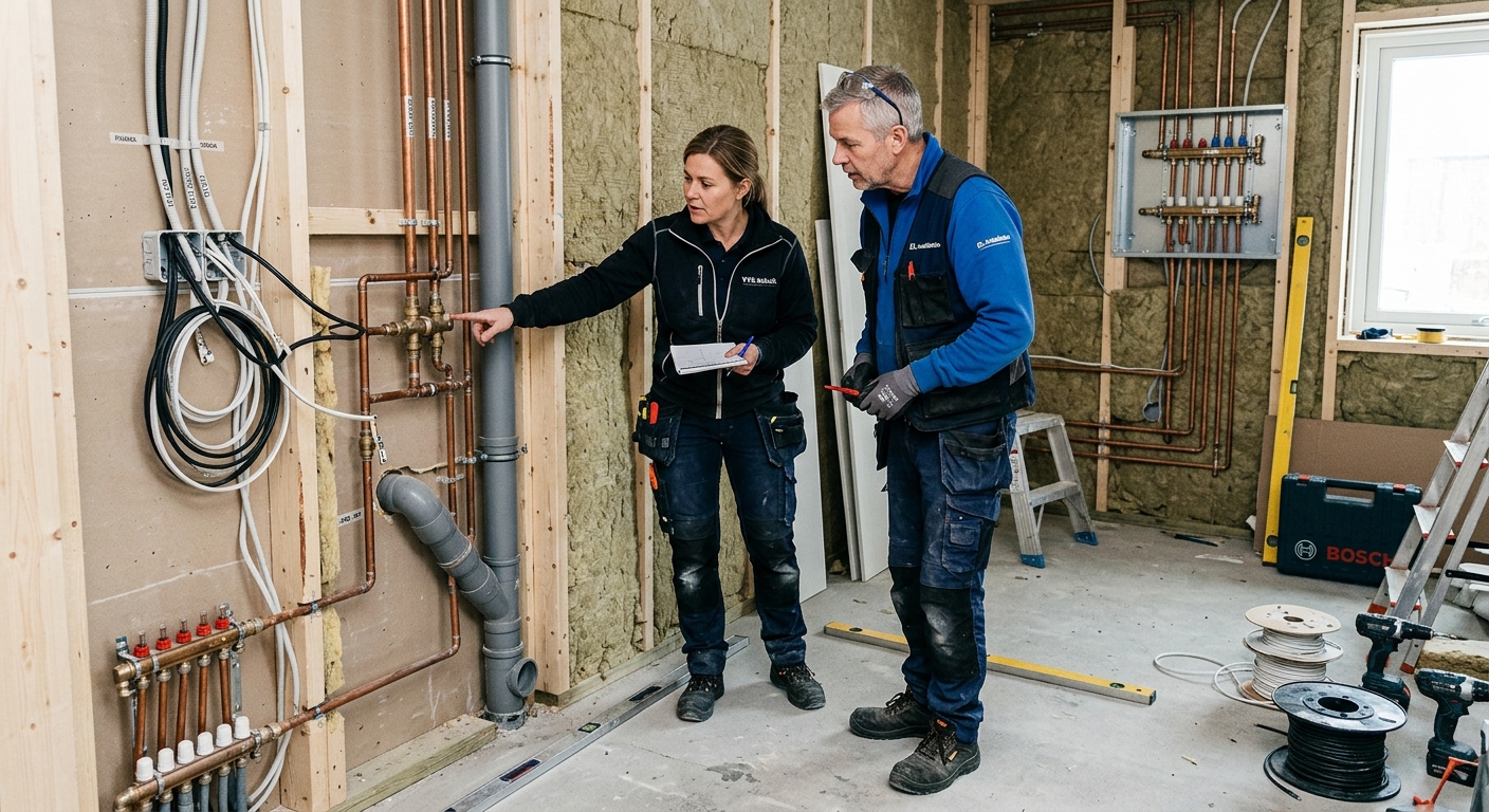 Hantverkare kontrollerar rör och elinstallationer i en tvättstuga under renovering